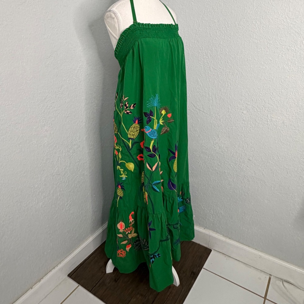 Anthropologie Green Embroidered Tropical Maxi Dress Parrot Leopard ALTERED - Picture 2 of 11